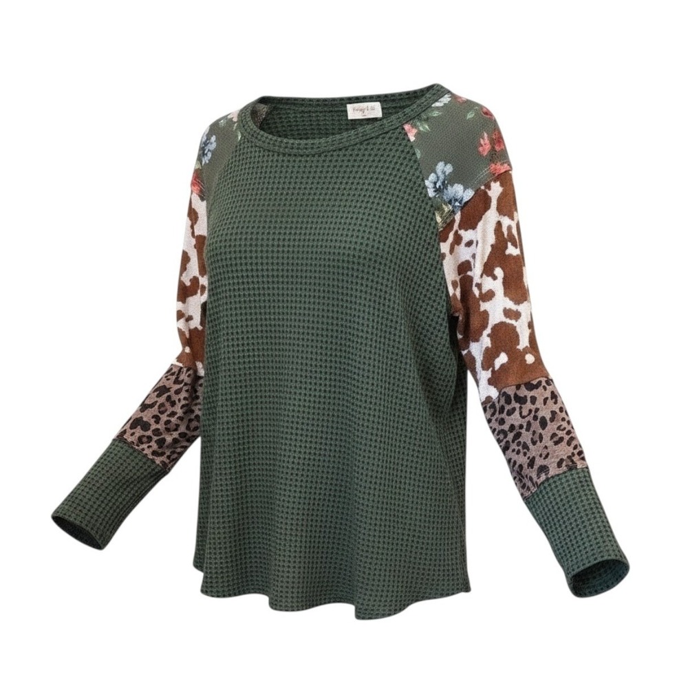 Hailey & Co Mixed Print Waffle Knit Top Raglan Sleeve Green Boho Leopard Large
